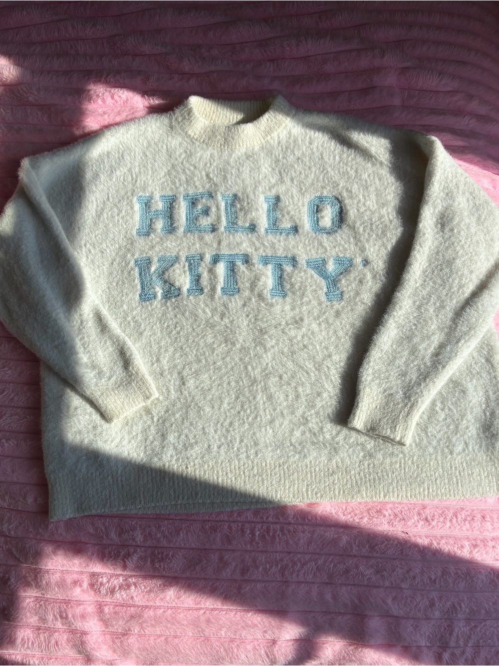 Hello Kitty x Forever 21 Fuzzy Embroidered Sweater Cream Blue Size S